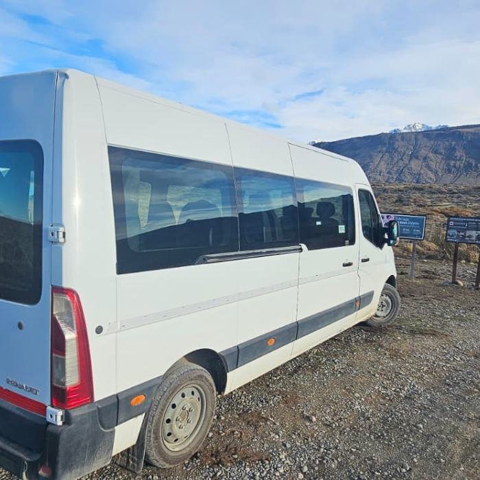 Private transportation service Huemul travel in El Chalten parked in front of the trail head to Laguna de los Tres.